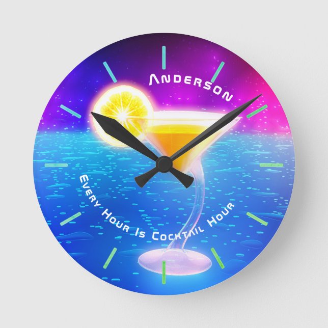 Neon COCKTAIL Hour Tropical Personalised Wall Round Clock (Front)