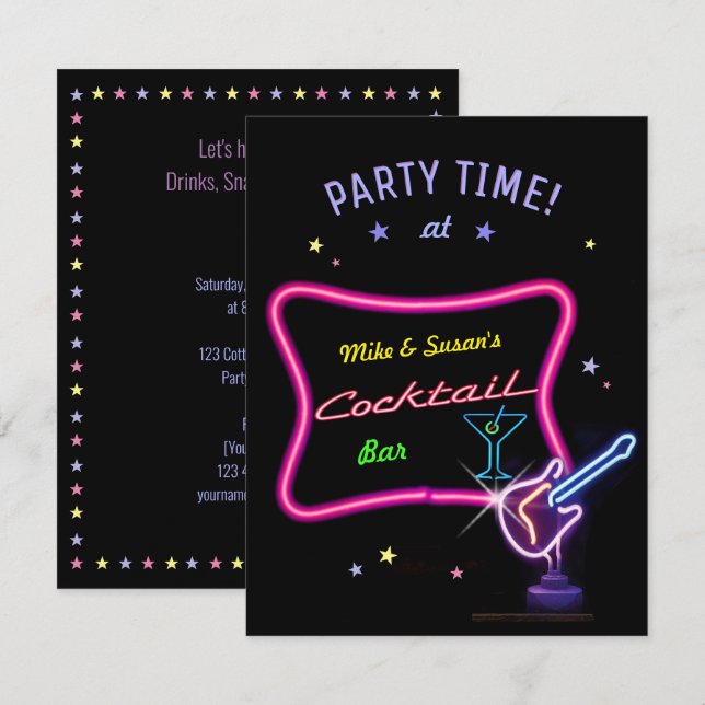 Neon Cocktail Party (customisable) Invitation (Front/Back)