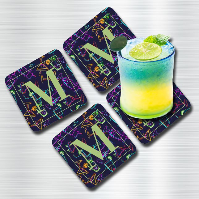 Neon Cocktails and Drinks on Black Monogram Coaster (Creator Uploaded)