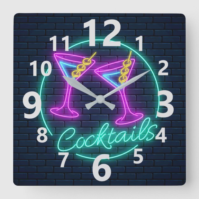 Neon Cocktails Sign Square Wall Clock (Front)