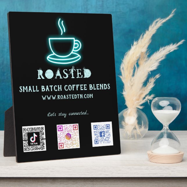 Neon Coffee Cup Social Media Scan Codes Plaque (Side)