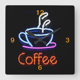 Neon Coffee Sign on Black Square Wall Clock