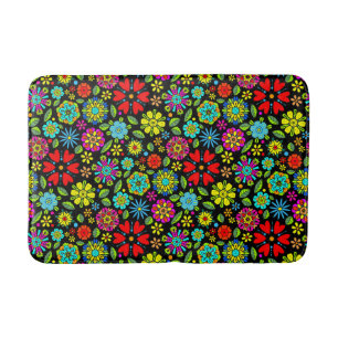 Neon Colors On Black Retro Floral Seamless Pattern Bath Mat