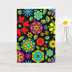 Neon Colors On Black Retro Floral Seamless Pattern Card