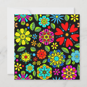 Neon Colors On Black Retro Floral Seamless Pattern Card
