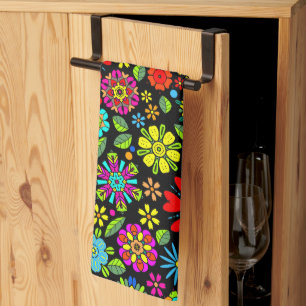 Neon Colors On Black Retro Floral Seamless Pattern Tea Towel