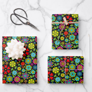 Neon Colors On Black Retro Floral Seamless Pattern Wrapping Paper Sheet