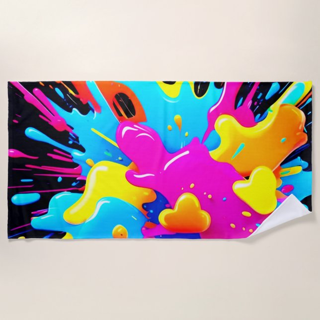 Neon Colour Splash Art Beach Towel (Front)