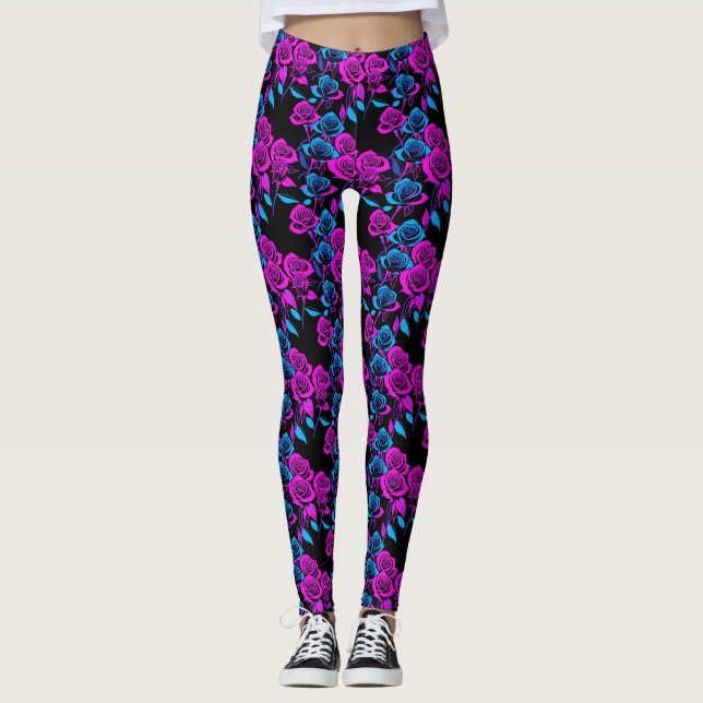 Neon Coloured Roses Leggings (Front)