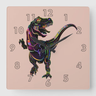 Neon Coloured Tyrannosaurus Rex Dinosaur Square Wall Clock