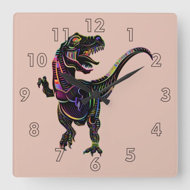 Neon Coloured Tyrannosaurus Rex Dinosaur Square Wall Clock (Front)