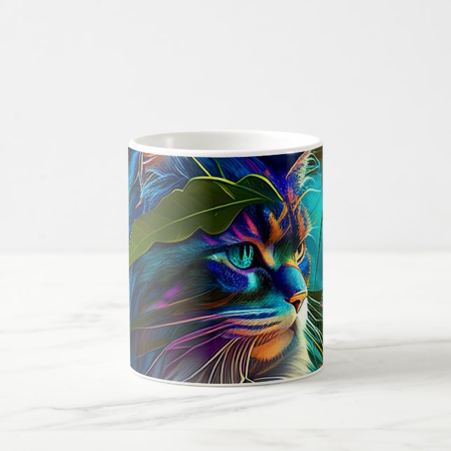 Neon colourful cat in tropical flowers AI art  Coffee Mug (Center)