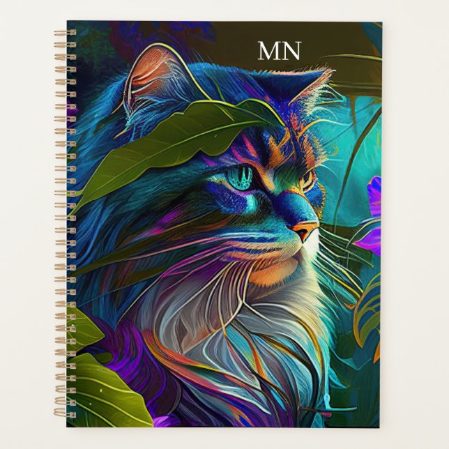 Neon colourful cat in tropical flowers AI art  Planner (Front)