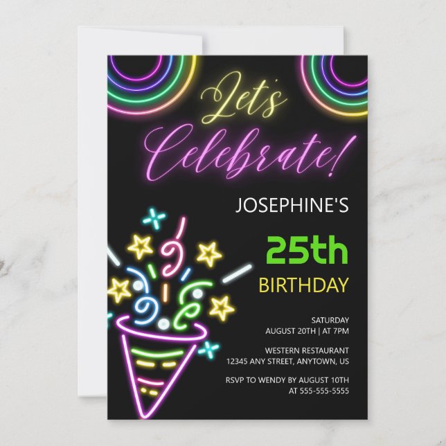 Neon Colourful Glow Fun Birthday Party Invitation (Front)