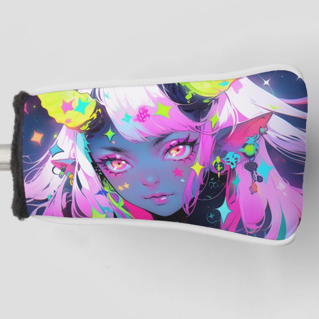 Neon Colourful Kawaii Demon Anime Girl Golf Head Cover (Front)