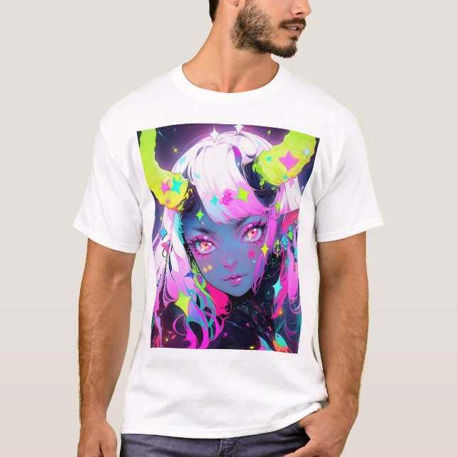Neon Colourful Kawaii Demon Anime Girl T-Shirt (Front)