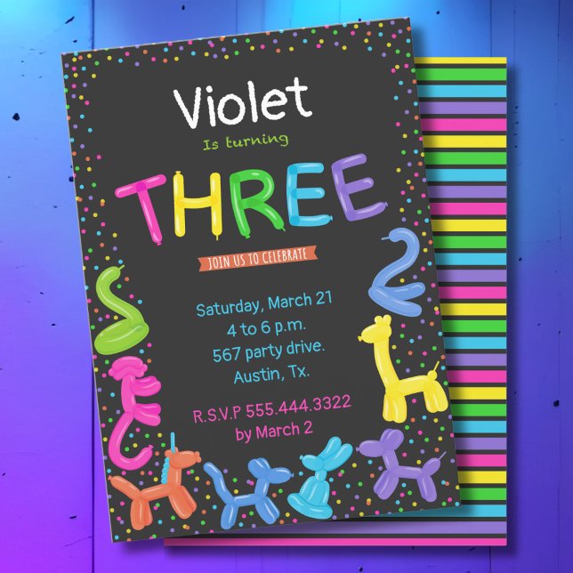 Neon colours animal balloons 3rd birthday invitation (Creator Uploaded)