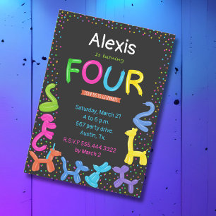 Neon colours animal balloons 4th birthday invitation
