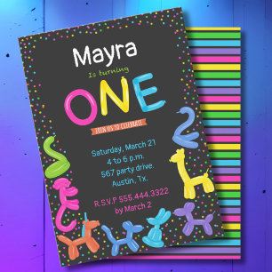 Neon colours animal balloons First birthday Invitation