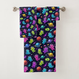 Neon Colours Astronaut Cats Outer Space Planets Bath Towel Set