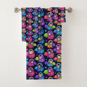 Neon Colours Astronaut Cats Outer Space Planets Bath Towel Set