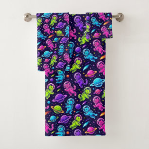 Neon Colours Astronaut Cats Outer Space Planets Bath Towel Set