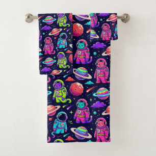 Neon Colours Astronaut Cats Outer Space Planets Bath Towel Set