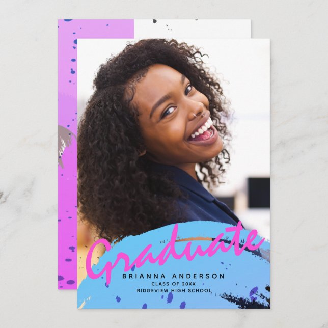 Neon Colours Brush Strokes Photo Graduation Party Invitation (Front/Back)