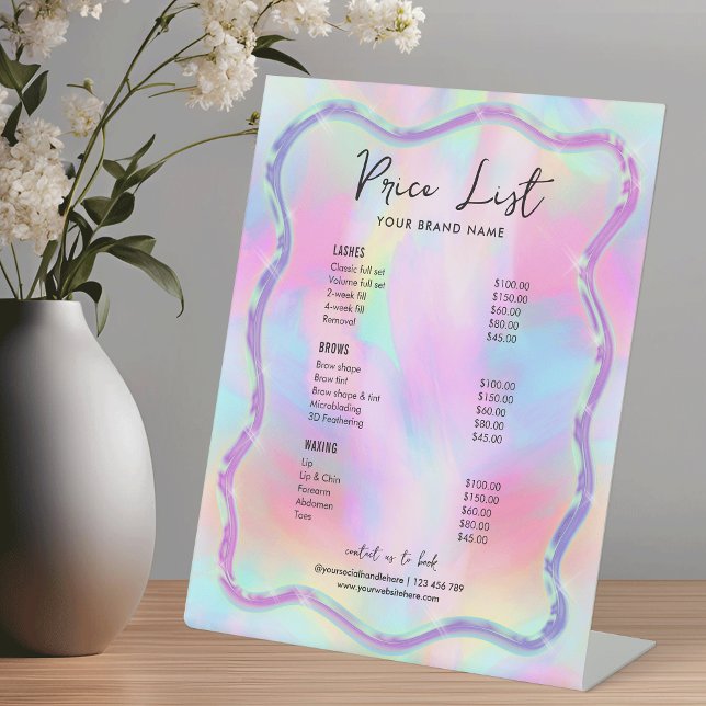 Neon Colours Holographic Girly Spa Salon Price Lis Pedestal Sign (Holographic effect girly colorful beauty salon or spa price list sign)