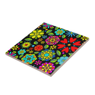 Neon Colours On Black Retro Floral Seamless Patter Ceramic Tile