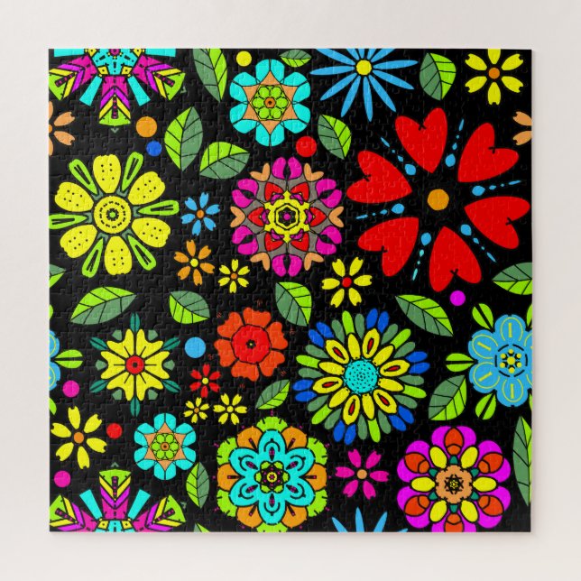 Neon Colours On Black Retro Floral Seamless Patter Jigsaw Puzzle (Vertical)