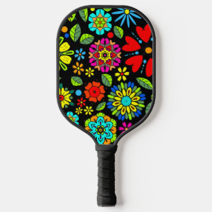 Neon Colours On Black Retro Floral Seamless Patter Pickleball Paddle