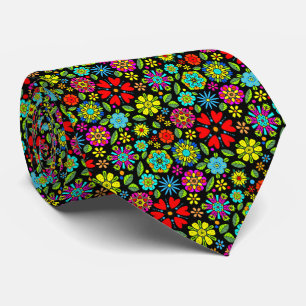 Neon Colours On Black Retro Floral Seamless Patter Tie
