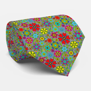 Neon Colours On Grey Retro Floral Seamless Pattern Tie