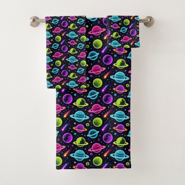 Neon Colours Outer Space Planets Boy's Towel Set (Insitu)