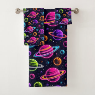 Neon Colours Outer Space Planets Boy's Towel Set