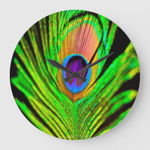 Neon Colours Peacock Feather Large Clock