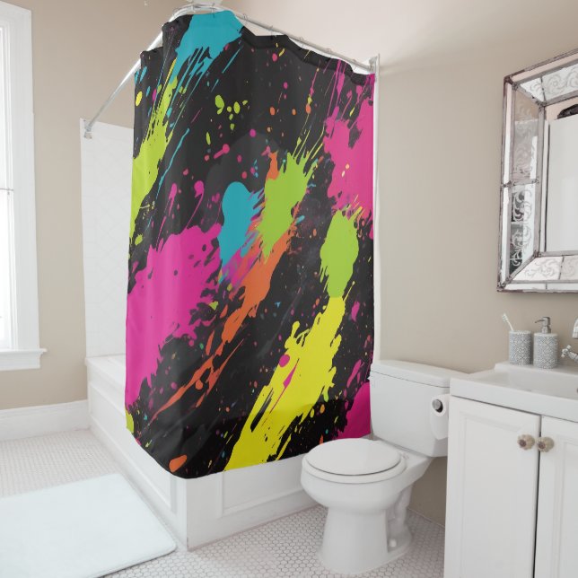 Neon Colours Retro Paint Splatter Shower Curtain (In Situ)