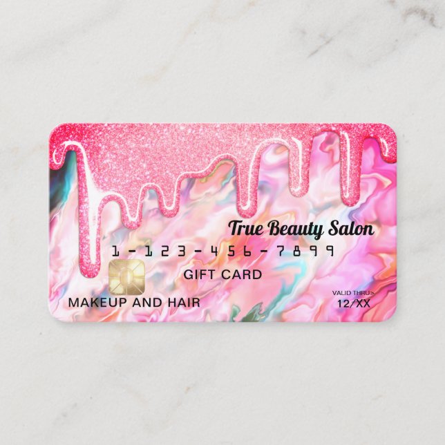 Neon Coral Pearl Opal Glitter Drips Gift Credit Business Card (Front)