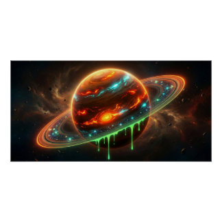 Neon Cosmic Planet – Dripping Galaxy Art | Glossy Poster