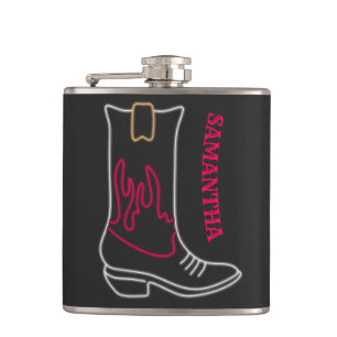 Neon Cowboy Boot Customisable Name Hip Flask