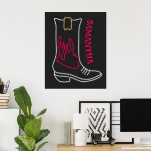 Neon Cowboy Boot Customisable Name Poster