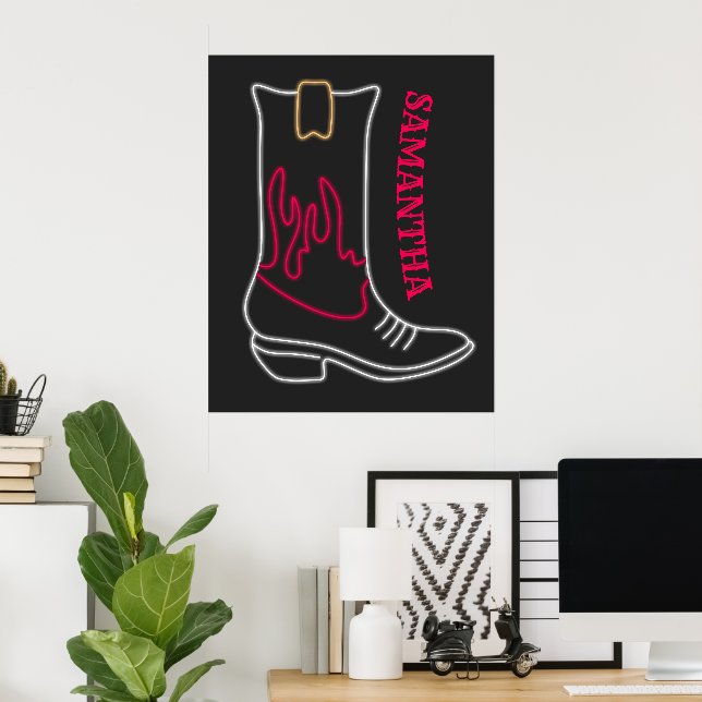 Neon Cowboy Boot Customisable Name Poster (Home Office)