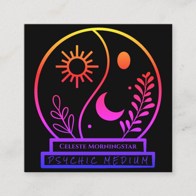 Neon Crystal Ball Psychic Medium Black Unique Square Business Card (Front)