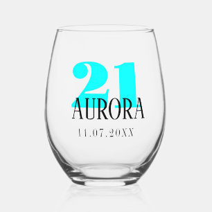 Neon Cyan Birthday Number   Black Name Date Stemless Wine Glass