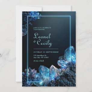 Neon Cyan Glow Electric Blue Crystal Frame Wedding Invitation
