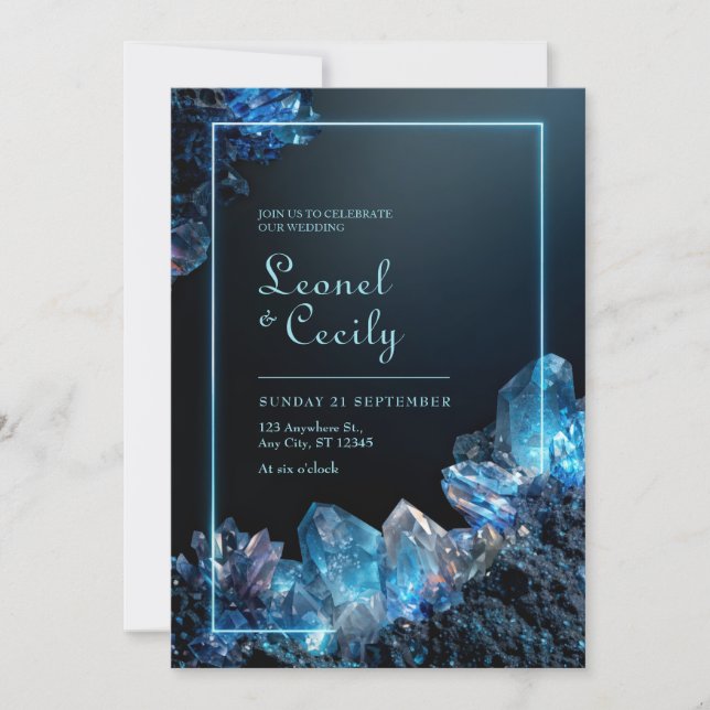 Neon Cyan Glow Electric Blue Crystal Frame Wedding Invitation (Front)