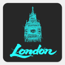 Neon Cyan London Big Ben Sketch Modern Black