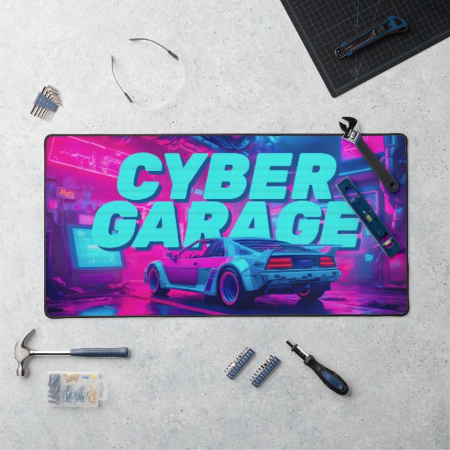 Neon Cyan Magenta Cyberpunk Garage Retro Car Desk Mat (Workstation)