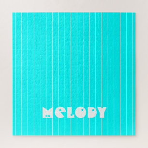 Neon Cyan White Thin Vertical Striped Name Jigsaw Puzzle